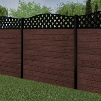 LuxeLine® Classic Curve Top Lattice Design Screen with Walnut Composite Fence Panels & Buried Aluminium Post 180cm