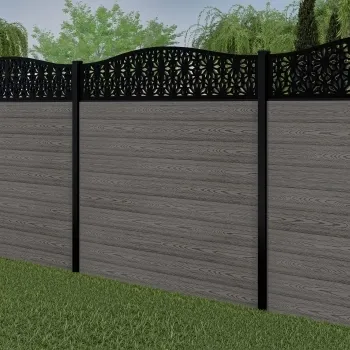 LuxeLine® Classic Curve Top Floral Design Screen with Light Grey Composite Fence Panels & Buried Aluminium Post 180cm