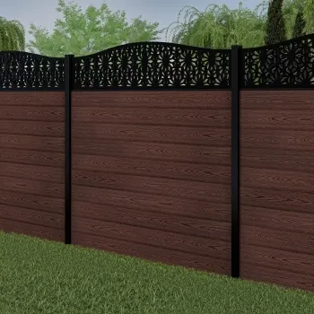 LuxeLine® Classic Curve Top Floral Design Screen with Walnut Composite Fence Panels & Buried Aluminium Post 180cm