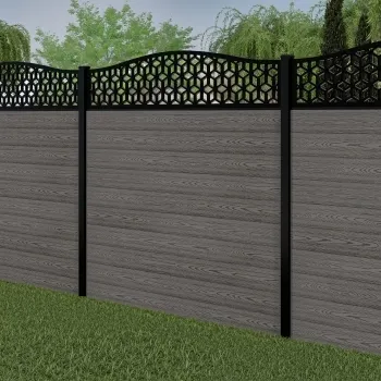 LuxeLine® Classic Curve Top Geometric Design Screen with Light Grey Composite Fence Panels & Buried Aluminium Post 180cm
