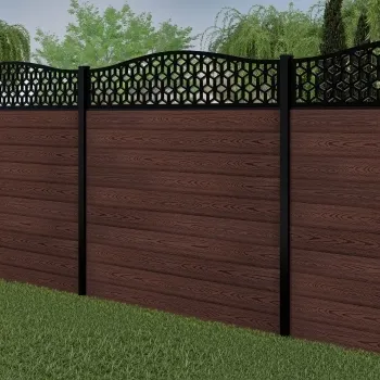 LuxeLine® Classic Curve Top Geometric Design Screen with Walnut Composite Fence Panels & Buried Aluminium Post 180cm
