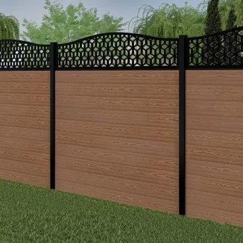 LuxeLine® Classic Curve Top Geometric Design Screen with Teak Composite Fence Panels & Buried Aluminium Post 180cm