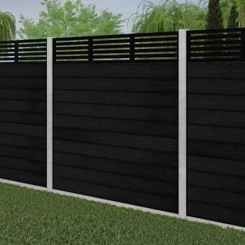 LuxeLine® Classic Straight Top Slat Design Screen with Black Composite Fence Panels & Concrete Post