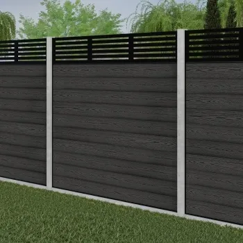 LuxeLine® Classic Straight Top Slat Design Screen with Dark Grey Composite Fence Panels & Concrete Post