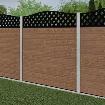 LuxeLine® Classic Curve Top Lattice Design Screen with Teak Composite Fence Panels & Concrete Post
