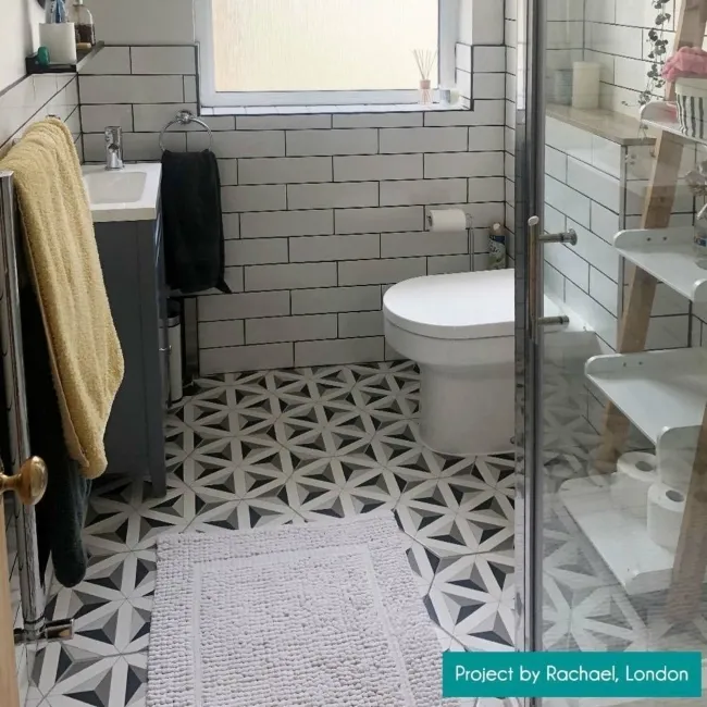 Contour Shadow Black and White Hexagon Patterned Floor Tiles
