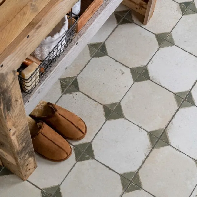 Octagon Effect Olive Green Matt Vintage Pattern Wall and Floor Tiles