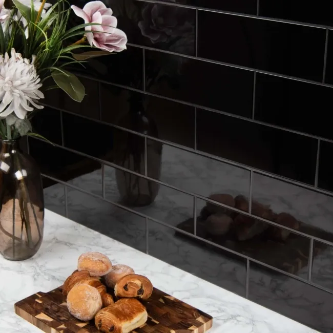 Rhian Gloss Black Brick Tiles