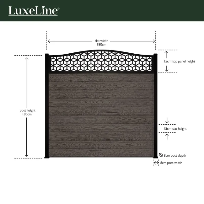 LuxeLine Composite Fence Panel Walnut 6ft High - Geometric Decorative Screen with Aluminium Post