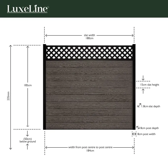 LuxeLine Composite Fence Panel Light Grey 6ft High - Slat Decorative Screen with Buried Aluminium Post