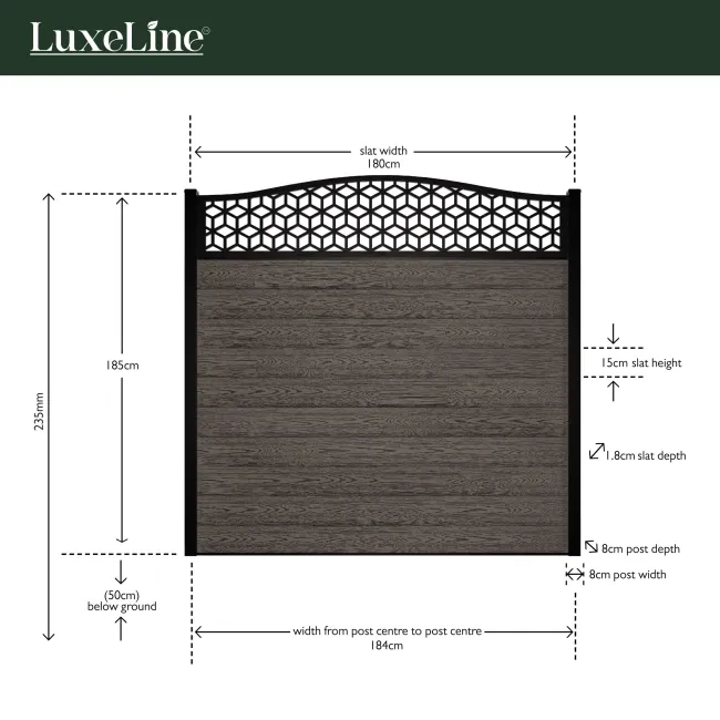 LuxeLine Composite Fence Panel Light Grey 6ft High - Geometric Decorative Screen with Buried Aluminium Post