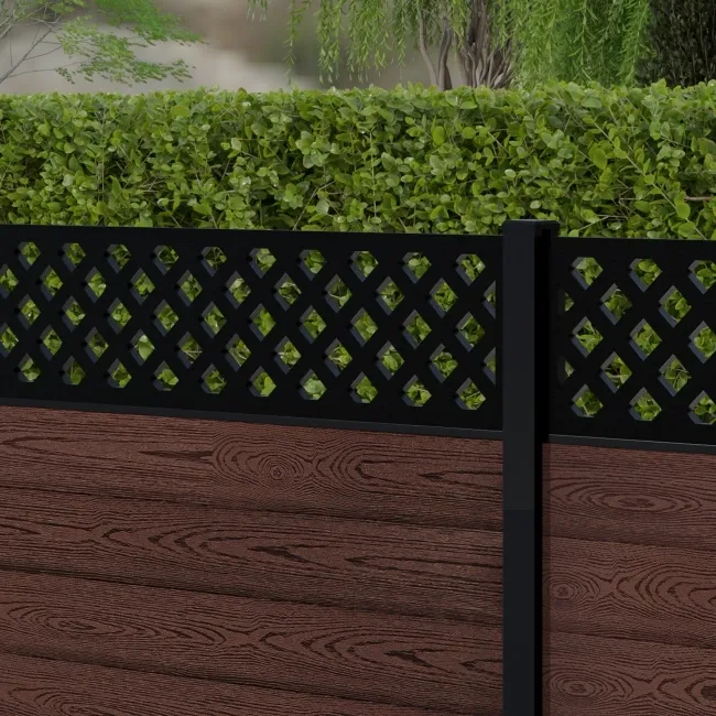 LuxeLine Composite Fence Panel Walnut 3ft High - Lattice Decorative Screen with Aluminium Post