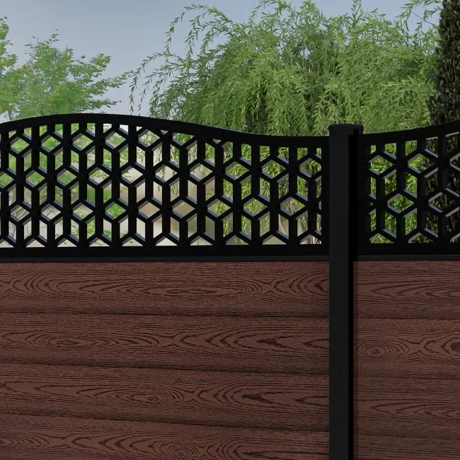 LuxeLine Composite Fence Panel Walnut 6ft High - Geometric Decorative Screen with Aluminium Post