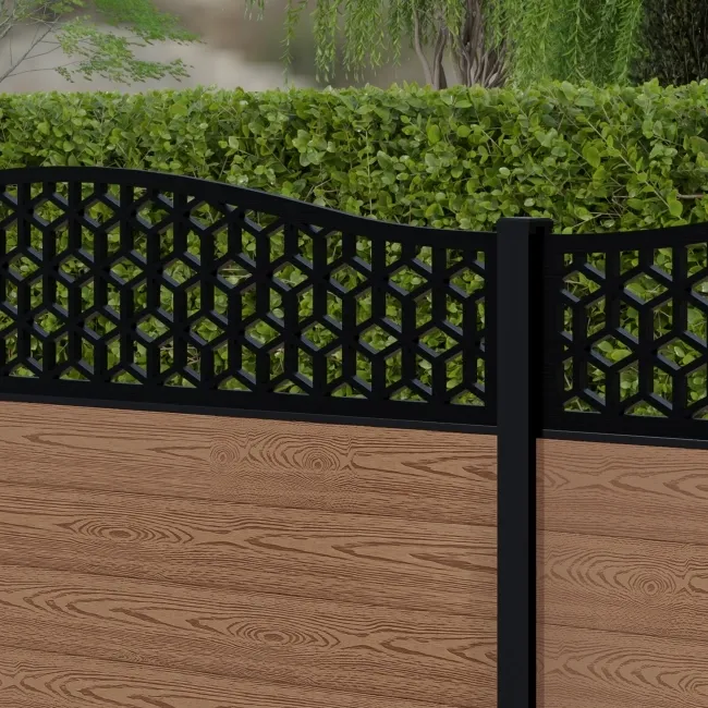 LuxeLine Composite Fence Panel Teak 3ft High - Geometric Decorative Screen with Aluminium Post