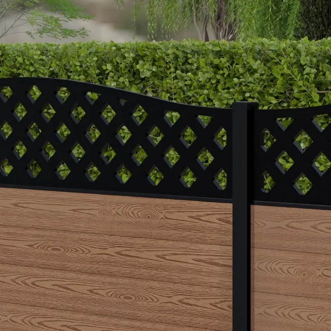 LuxeLine Composite Fence Panel Teak 3ft High - Curve Top Lattice Decorative Screen with Aluminium Post