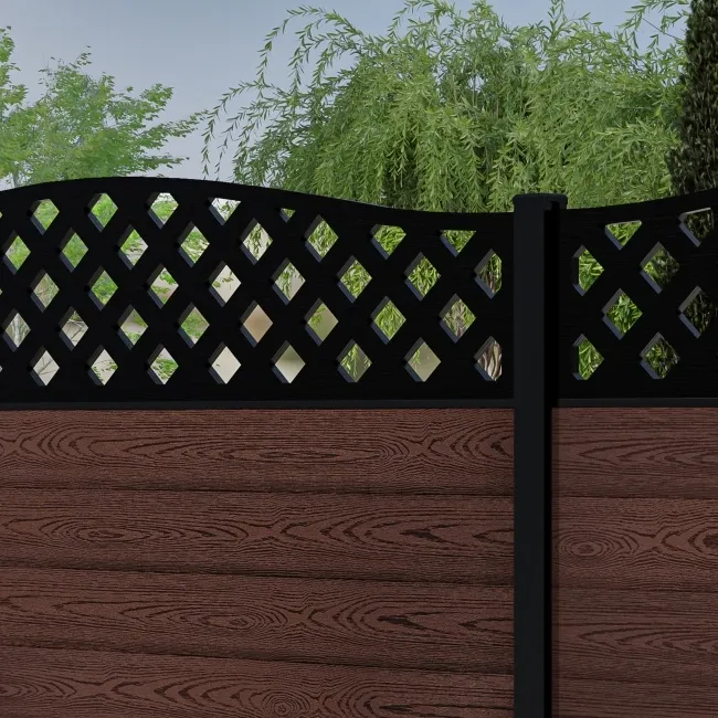 LuxeLine Composite Fence Panel Walnut 6ft High - Curve Top Lattice Decorative Screen with Aluminium Post