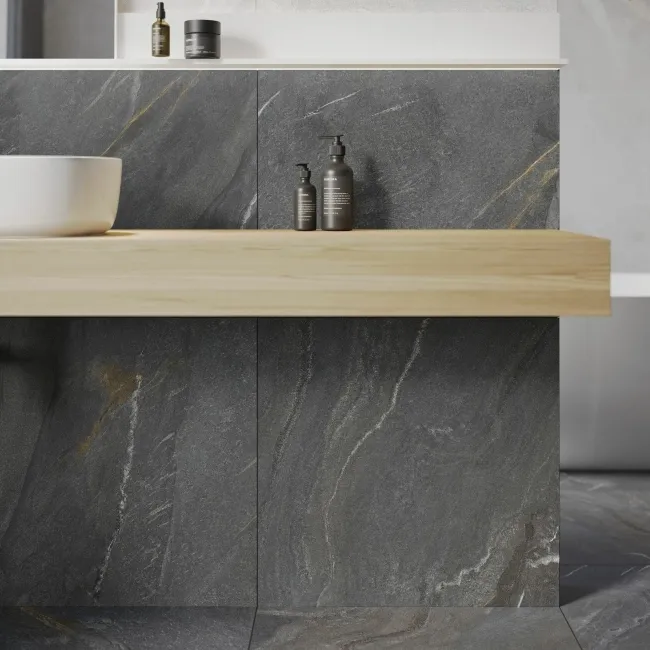 Devoke Dark Grey Matt Stone Effect Wall and Floor Tiles 597x597