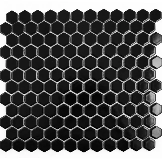 Pixel Black 23x23 Hexagon Gloss Mosaic Tiles'