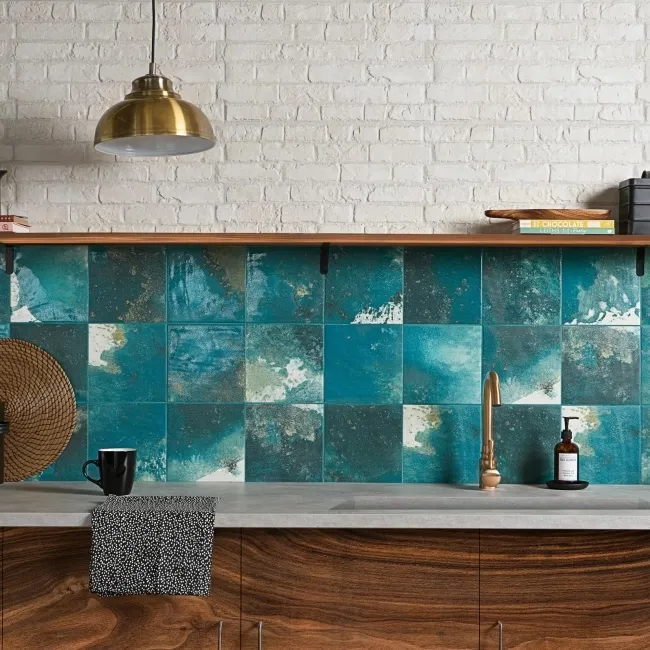 Raku Square Teal Gloss Patterned Wall Tiles