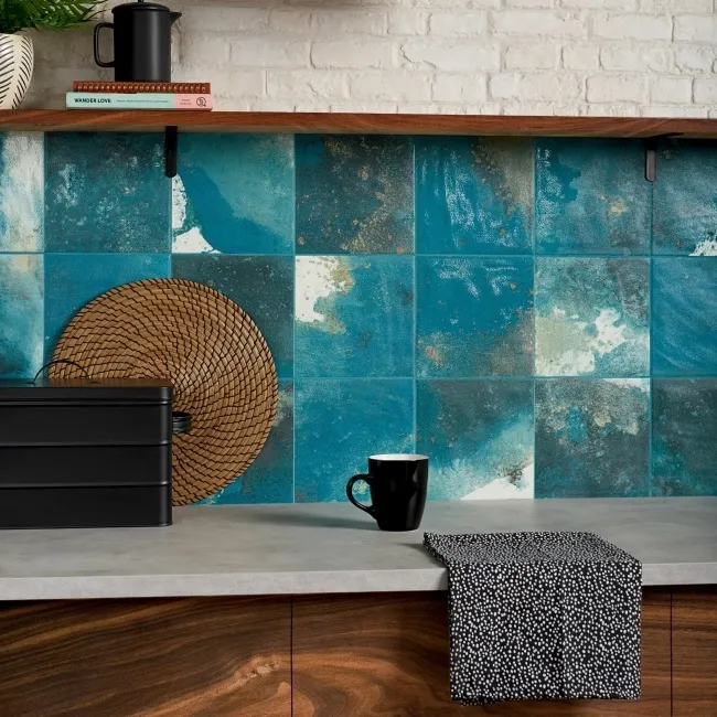Raku Square Teal Gloss Patterned Wall Tiles