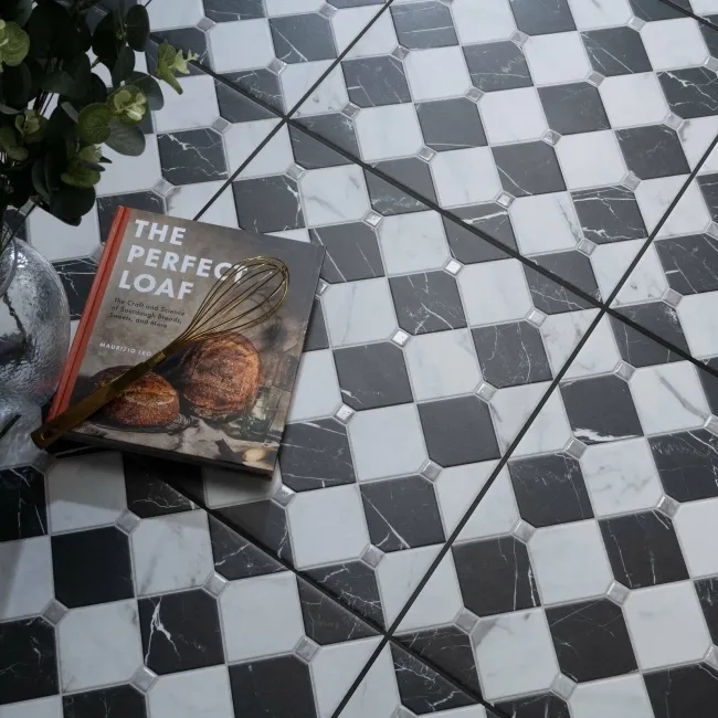 Canterbury Victorian Black & White Matt Marble Patterned Tiles