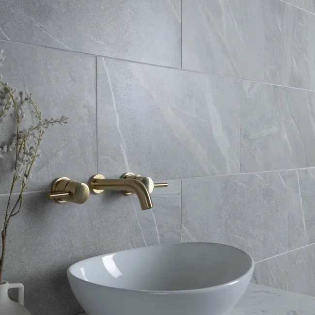 Devoke Light Grey Matt Stone Effect Wall and Floor Tiles 597x297