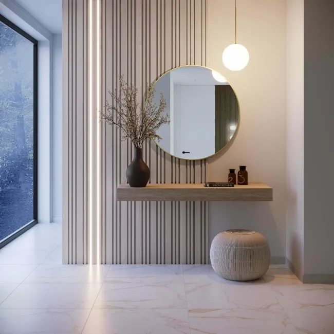 Trepanel Design® Light Oak on Antique White Felt Multi Width Acoustic Wood Slat Panels
