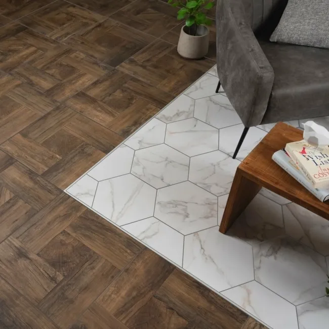Voronoi White Marble Effect Hexagon Tiles