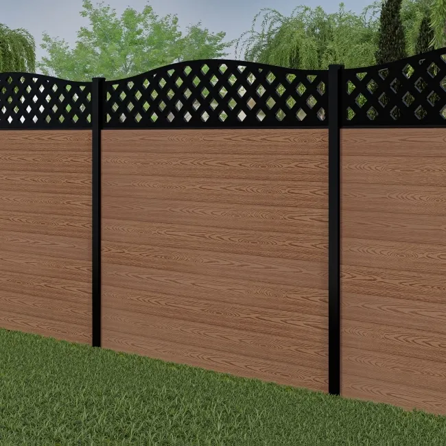 LuxeLine Composite Fence Panel Teak 6ft High - Curve Top Lattice Decorative Screen with Buried Aluminium Post