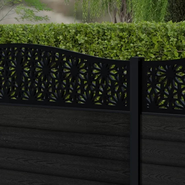 LuxeLine Composite Fence Panel Black 3ft High - Floral Decorative Screen with Aluminium Post