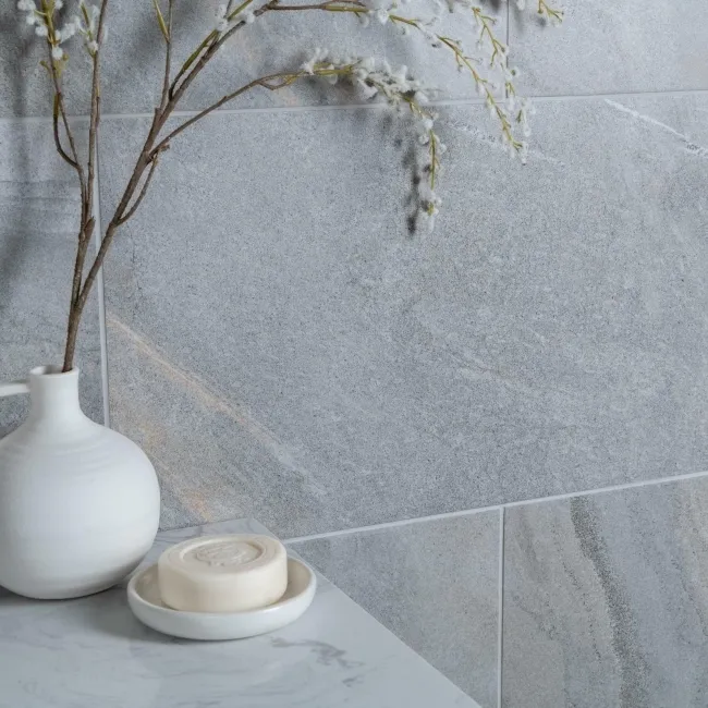 Devoke Light Grey Matt Stone Effect Wall and Floor Tiles 597x297