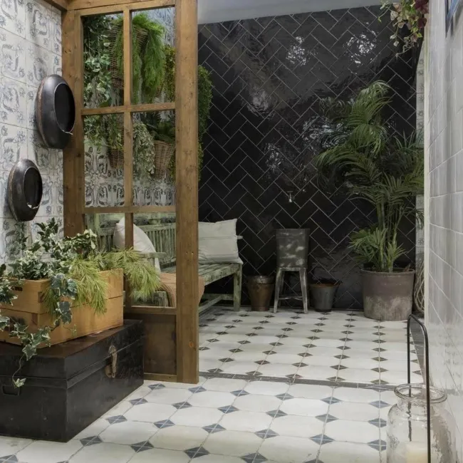 Octagon Effect Marine Blue Matt Vintage Pattern Wall and Floor Tiles