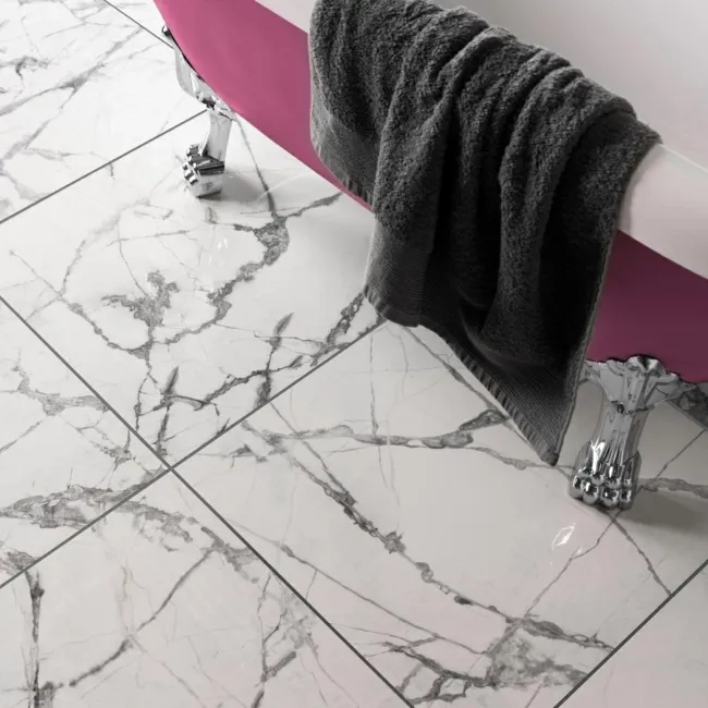 Olympia White Porcelain Marble Effect Polished Wall and Floor Tiles