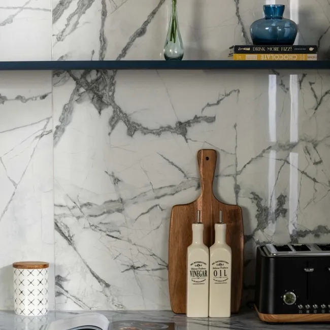 Olympia White Porcelain Marble Effect Polished Wall and Floor Tiles