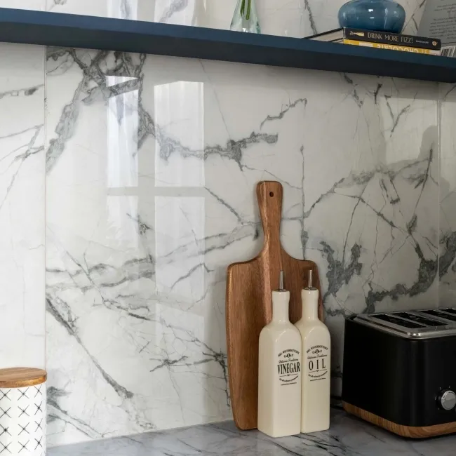 Olympia White Porcelain Marble Effect Polished Wall and Floor Tiles