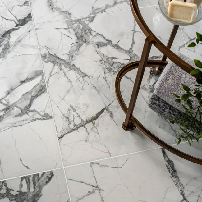 Olympia White Porcelain Marble Effect Polished Wall and Floor Tiles