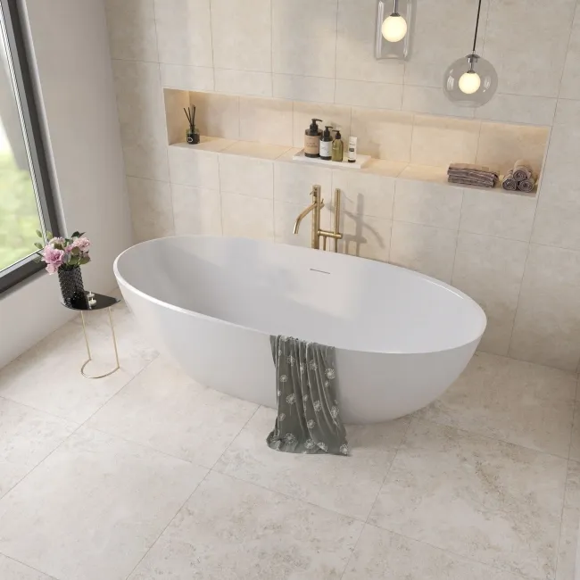 Fargo White Matt Stone Effect Anti Slip Wall and Floor Tiles 600x600