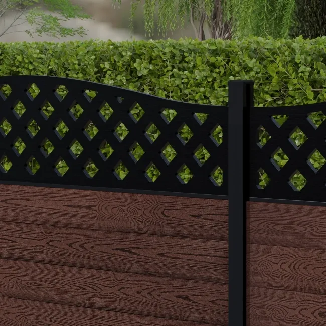 LuxeLine Composite Fence Panel Walnut 3ft High - Curve Top Lattice Decorative Screen with Aluminium Post