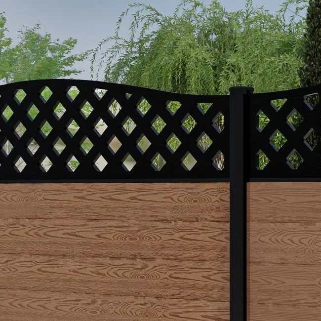 LuxeLine Composite Fence Panel Teak 6ft High - Curve Top Lattice Decorative Screen with Aluminium Post