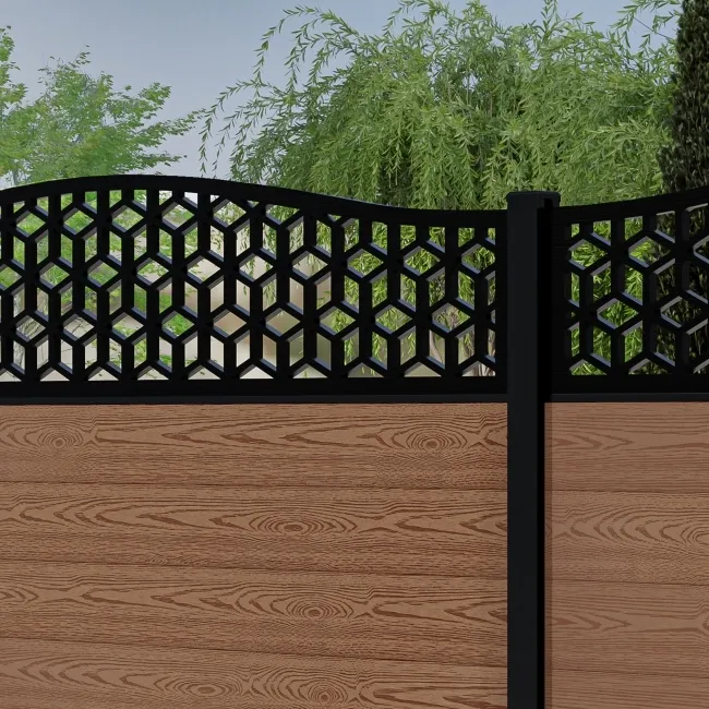 LuxeLine Composite Fence Panel Teak 6ft High - Geometric Decorative Screen with Aluminium Post
