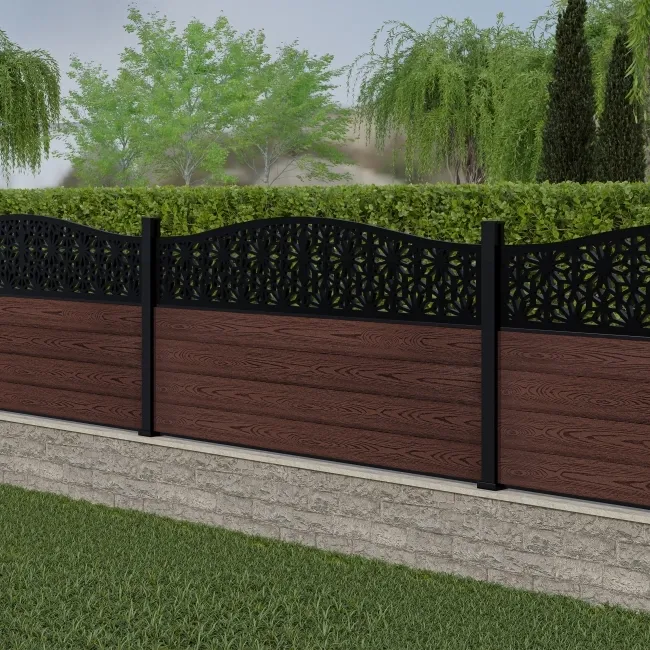 LuxeLine Composite Fence Panel Walnut 3ft High - Floral Decorative Screen with Aluminium Post