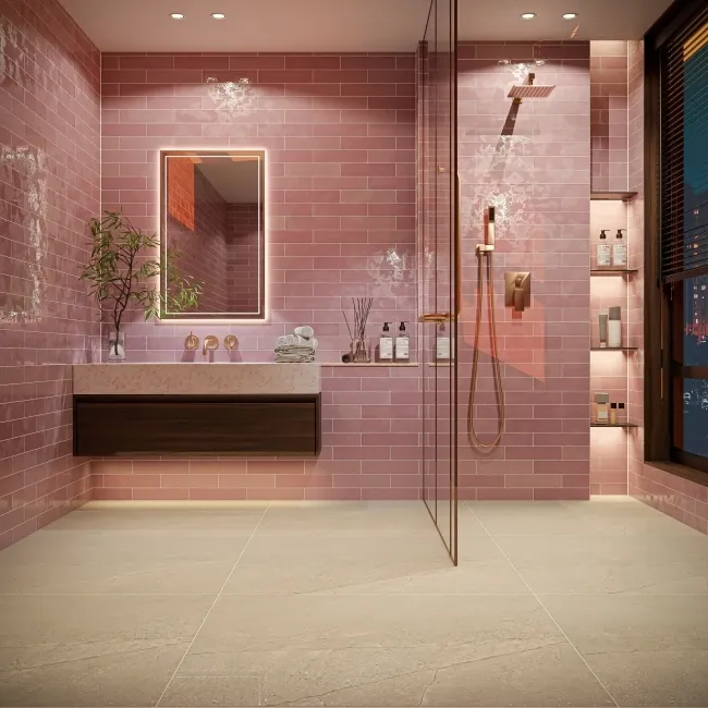 Blush Rose Pink Gloss Brick Wall Tiles 300x75