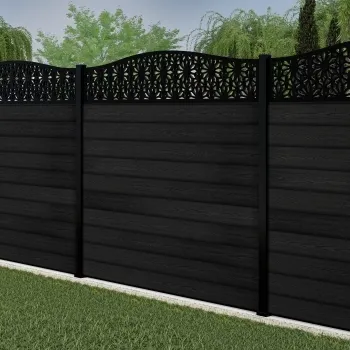 LuxeLine Composite Fence Panel Black 6ft High - Floral Decorative Screen with Aluminium Post