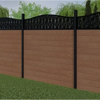 LuxeLine Composite Fence Panel Teak 6ft High - Floral Decorative Screen with Buried Aluminium Post