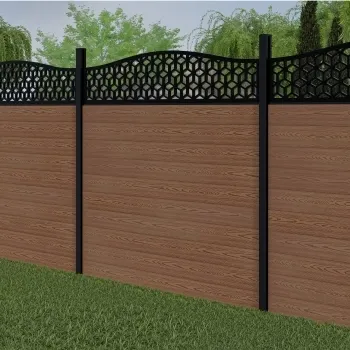LuxeLine Composite Fence Panel Teak 6ft High - Geometric Decorative Screen with Buried Aluminium Post