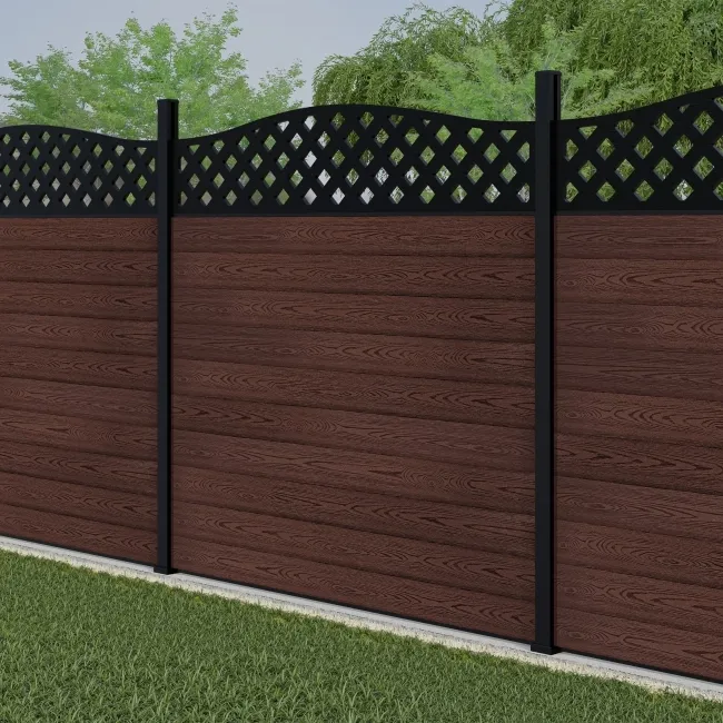 LuxeLine Composite Fence Panel Walnut 6ft High - Curve Top Lattice Decorative Screen with Aluminium Post