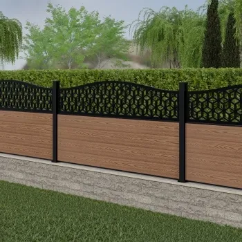 LuxeLine Composite Fence Panel Teak 3ft High - Geometric Decorative Screen with Aluminium Post