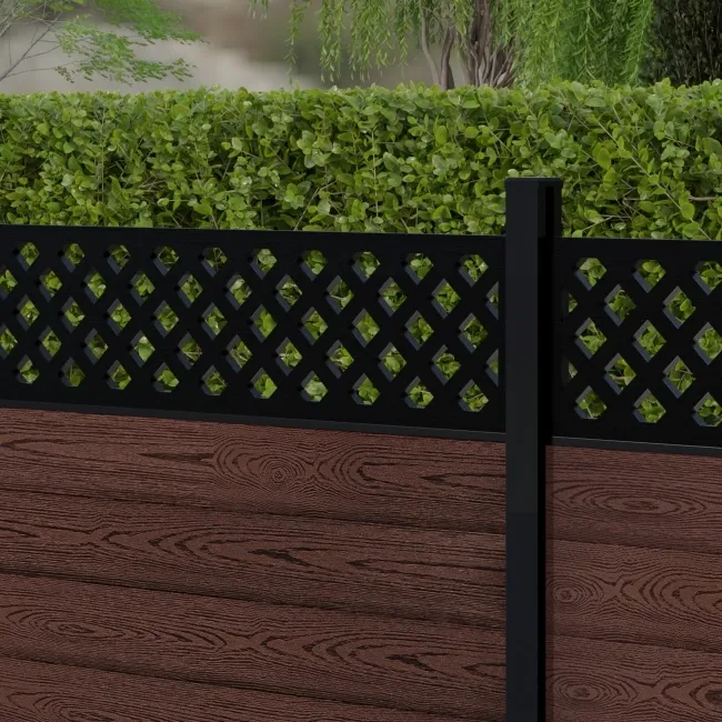 LuxeLine Composite Fence Panel Walnut 3ft High - Lattice Decorative Screen with Aluminium Post