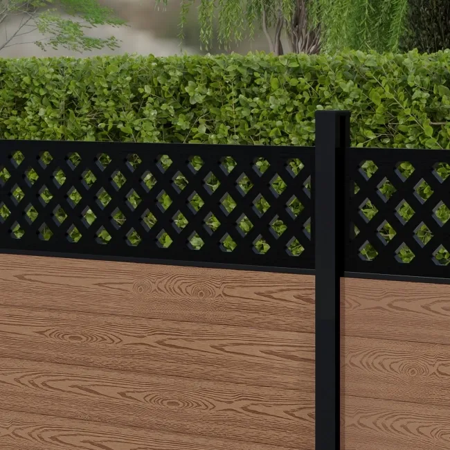 LuxeLine Composite Fence Panel Teak 3ft High - Lattice Decorative Screen with Aluminium Post