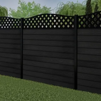 LuxeLine Composite Fence Panel Black 6ft High - Curve Top Lattice Decorative Screen with Buried Aluminium Post